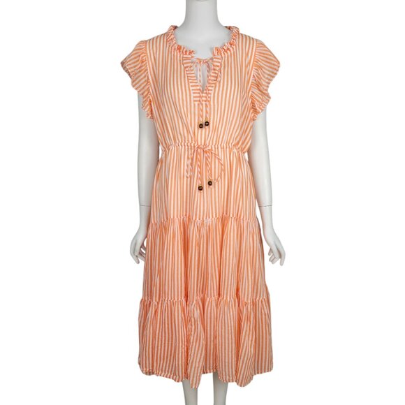 Oliphant Dresses & Skirts - OLIPHANT Maxi Dress Size L Orange Striped Tiered Ruffle Short Sleeve A-Line